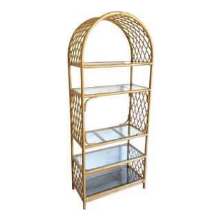 Boho Chic Arched Bamboo Rattan Etagere - 5 Shelves For Sale