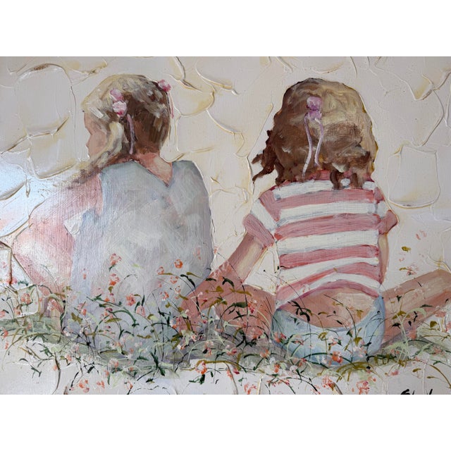 1970s 1980s Vintage Shallom Two Girls Impressionist Textured Oil on Board Painting, Framed For Sale - Image 5 of 12