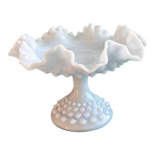 Vintage Mid 20th Century Pale Blue Fenton Milk Glass Hobnail Ruffled Pedestal Compote Bowl For Sale