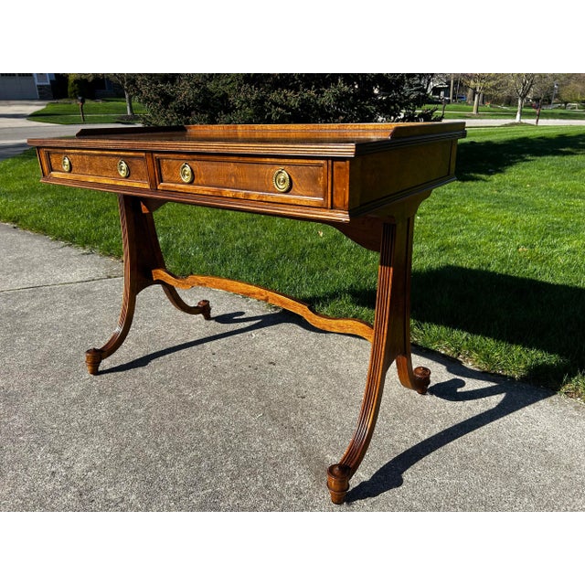 Mid 20th Century Vintage Mounted Walnut Writing Desk Attributed to Baker Furniture - Original Brass Accents For Sale - Image 5 of 11