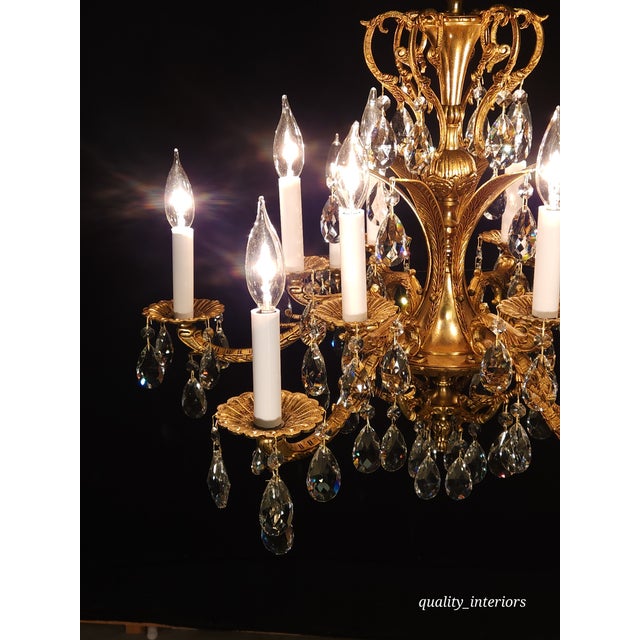 Image showcasing Huge French Vintage Dore Brass 6 Arm 12 Lite Glistening Lead Crystal ...