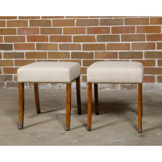 Pair of English 19th Century Oak Stools with Saber Legs and Custom Upholstery For Sale - Image 11 of 12