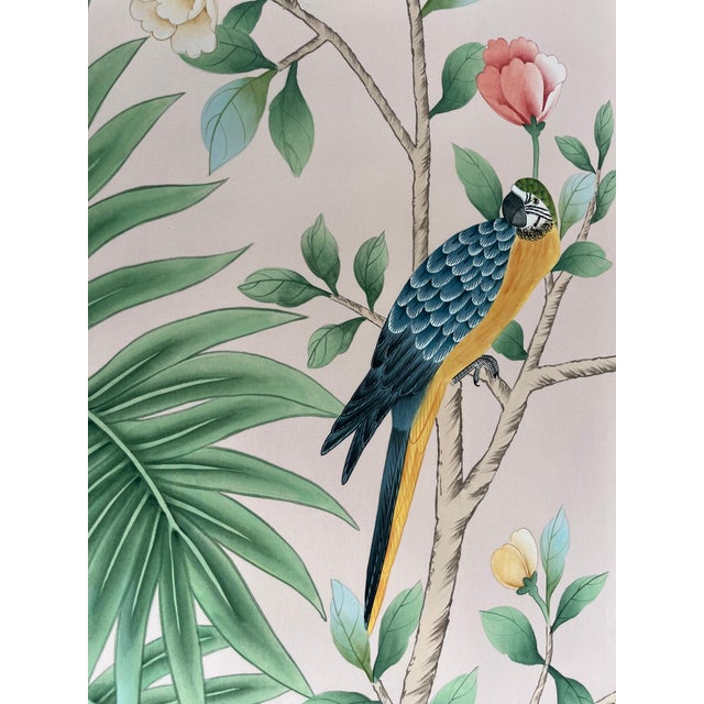 Not Yet Made - Made To Order Hand Painted Blush Pink Tropical Chinoiserie Parrot Monkey Floral Mural 2-Panel Set For Sale - Image 5 of 6