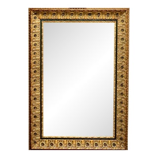 Late 20th Century Ornate Gold & Black Wood Medallion Beveled Hanging Wall Mirror For Sale