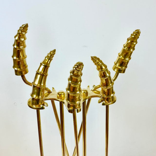 1970s Vintage Hollywood Regency Brass Blesbok Antelope Horn Fireplace Tools - Set of 5 For Sale - Image 6 of 16