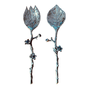 Late 20th Century Silver Branch Salad Servers With Glass Flowers