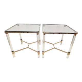 Midcentury Modern Square Brass & Glass Endtables With Lucite Legs- A Pair For Sale