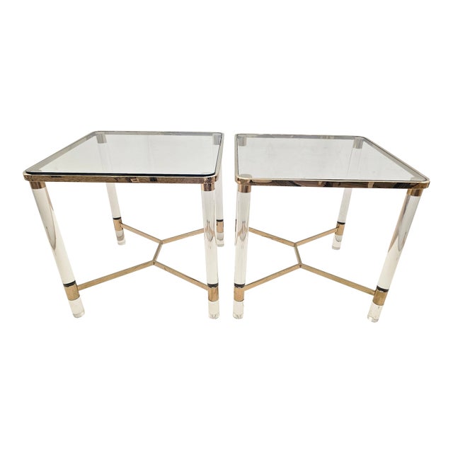 Midcentury Modern Square Brass & Glass Endtables With Lucite Legs- A Pair For Sale