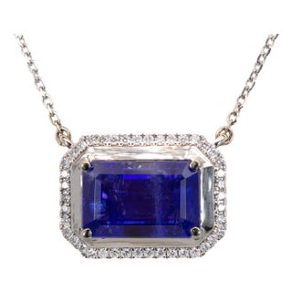 8.3cts Tanzanite Statement Pendant W Diamond Halo in 14k Solid Gold | Em 13x9mm For Sale