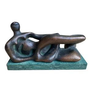 Modernist Reclining Figure Sculpture by Henry Moore on Green Marble Base