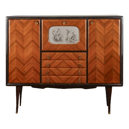 Herringbone Veneered Sideboard with Bar Drop-Down Door For Sale