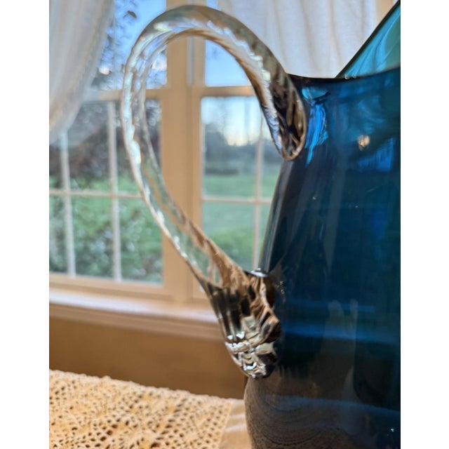 1950s Vintage Empoli Italian Murano Blue Art Glass Pitcher 13 1/2" For Sale - Image 5 of 7