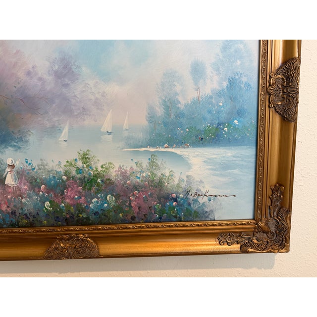 Late 20th Century Large Impressionist Landscape Oil Painting Signed Bachmann Lakeside Garden For Sale - Image 10 of 12