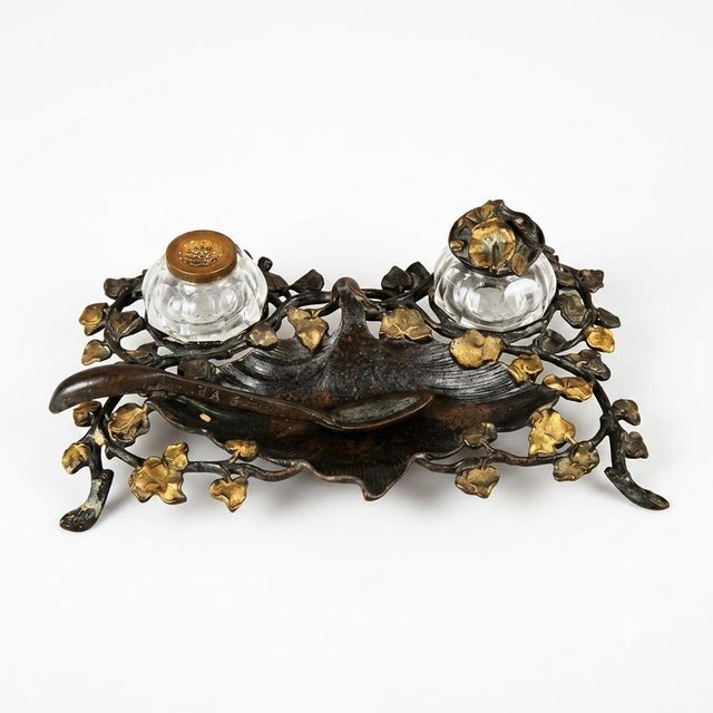 Art Nouveau French Ivy Inkstand with Glass Inkwells, 1900s For Sale - Image 12 of 12
