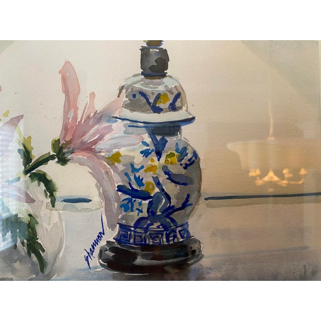 1980s 1980s Blue and White Ginger Jar Lamp Still Life Original Watercolor Painting, Framed For Sale - Image 5 of 10
