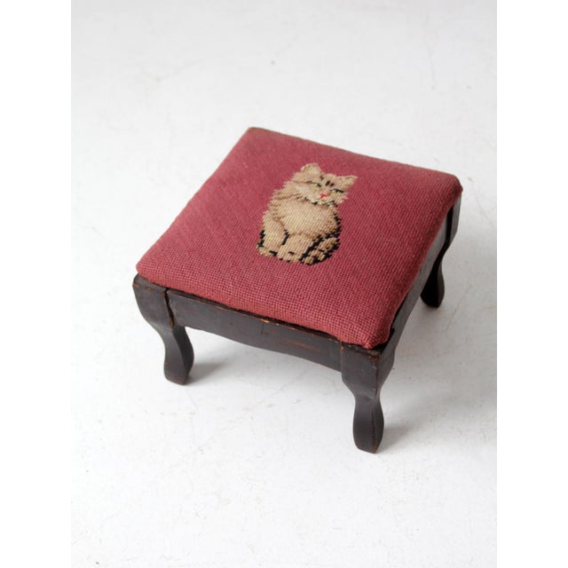 Farmhouse Vintage Needlepoint Cat Footstool For Sale - Image 3 of 7