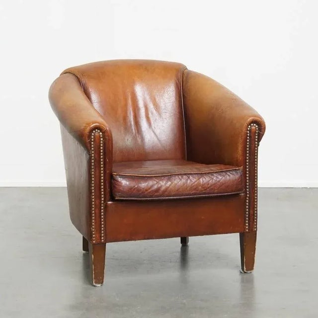 Cognac-Colored Sheepskin Club Armchair For Sale - Image 18 of 18