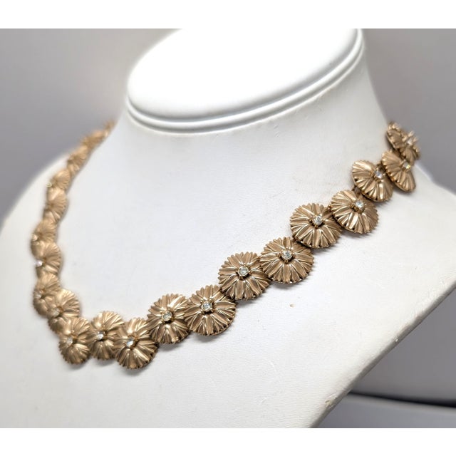 Trifari Vintage 1950s Signed Crown Trifari Goldtone "Bursts" With Clear Rhinestone Link Collar Necklace For Sale - Image 4 of 11