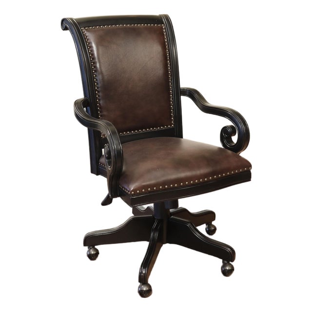 Black and Borwn Glazed Leather Executive Chair With Nail Trim and Umbria Finish Frame For Sale