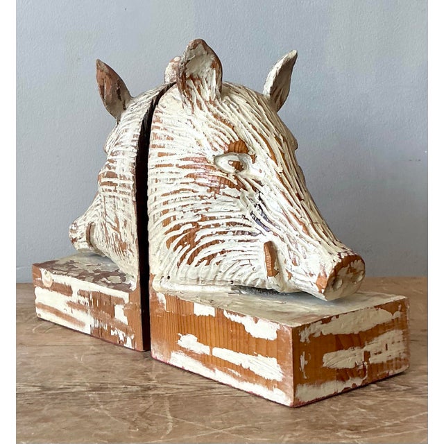 Rustic Vintage Boho Carved Boar Bookends - Set of 2 For Sale - Image 3 of 10