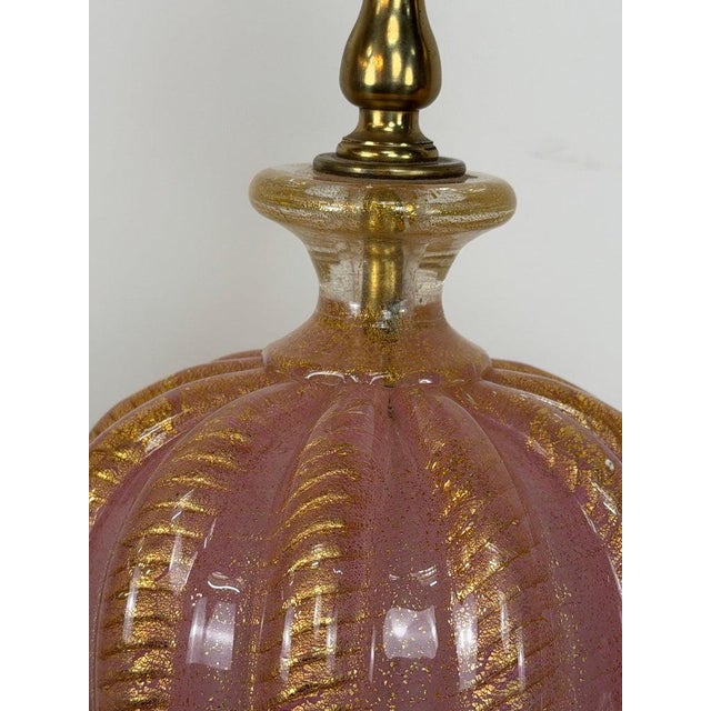 Pink Mid 20th Century Murano Pink and Gold Glass Table Lamps W/ Coordinating Parchment Shades - a Pair For Sale - Image 8 of 16
