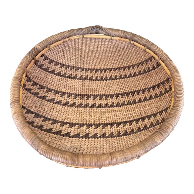 Vintage Likely Early 20th Century Native American Mission Basketry Bowl With Stepped Geometric Pattern. For Sale