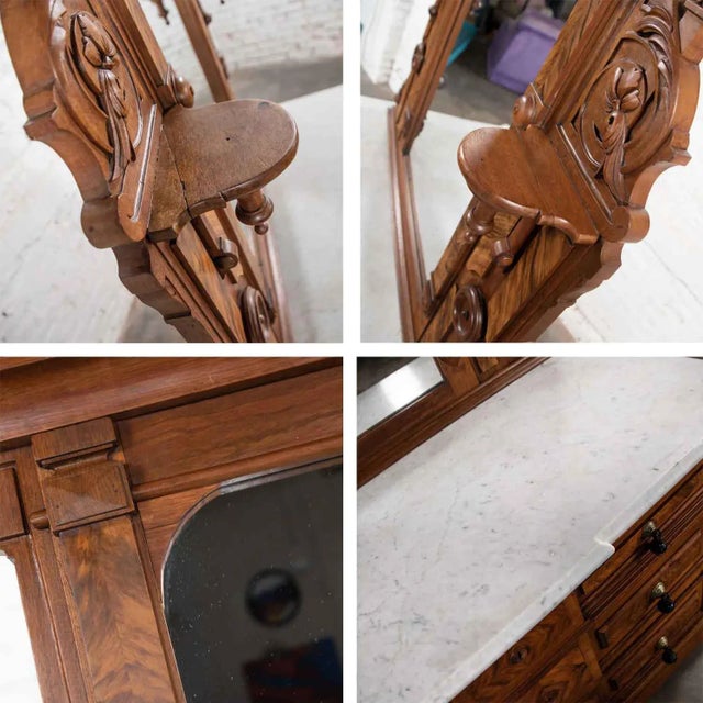 Antique Victorian Mirrored Dresser in Walnut & Burl Walnut With White Marble Top For Sale - Image 10 of 13