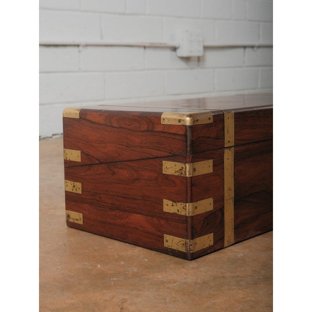 Early 20th Century Vintage Brass Bound Campaign Writing Slope Lap Desk With Velvet Interior Storage Compartments Folding Travel Writing Box For Sale - Image 5 of 14