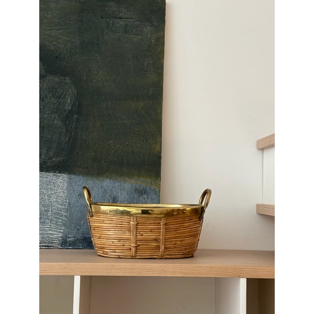 French Rattan and Brass Bowl With Handles For Sale - Image 3 of 5