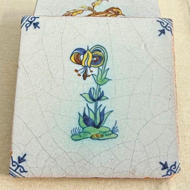 Delft 19th Century Hand-Painted Delft Wall Tiles With Flowers and a Bird, Set of Five (5) For Sale - Image 4 of 11