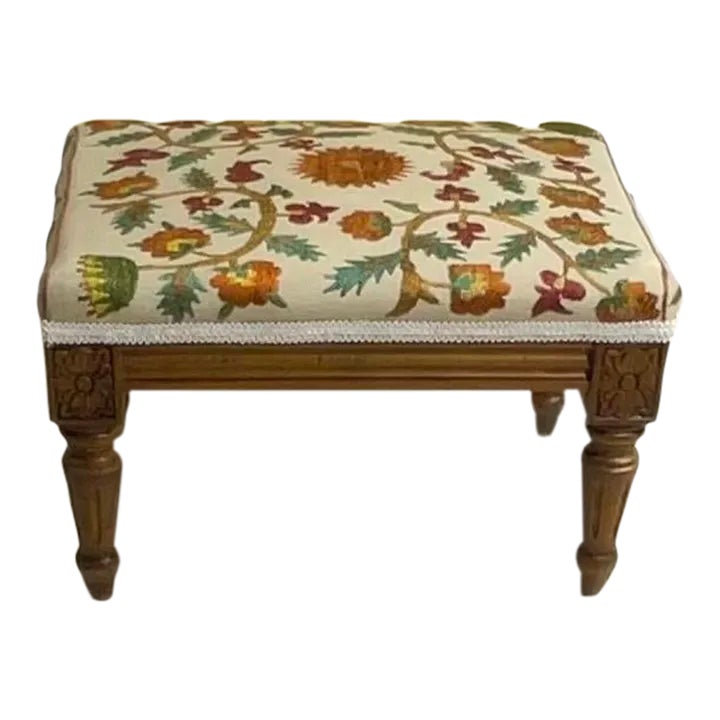 Vintage Hand Embroidery Suzani and Carved Wood Foot Stool | Chairish
