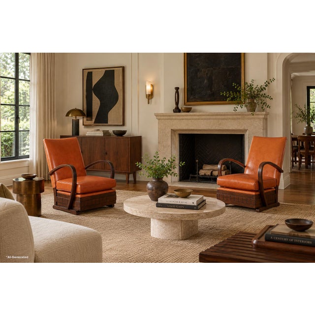 Created in France during the 1940s, this exceptional pair of vintage Art Deco lounge chairs pairs sculptural solid wood...