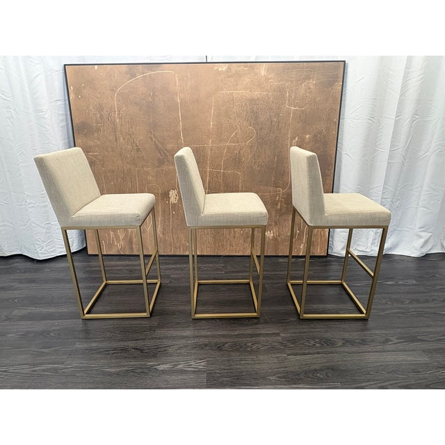 Rh Emery Armless Fabric Counter Stools – Set of 3 Perennials® Performance Textured Linen Weave – Sand | Burnished Brass | Counter Height For Sale - Image 16 of 18
