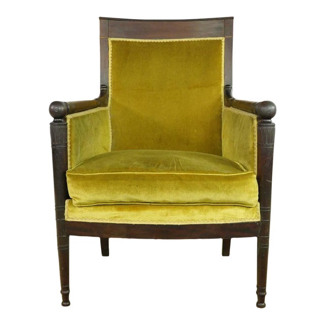 Mid 20th Century Antique European French Yellow Velvet & Wood Arm Chair For Sale