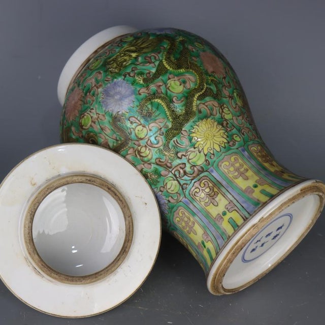 Ceramic Antique Chinese Ceramic Pot Qing Dynasty Kangxi Marked Green Ground Famille Rose Porcelain Ginger Jar Hand Painted Dragon Pattern For Sale - Image 7 of 8
