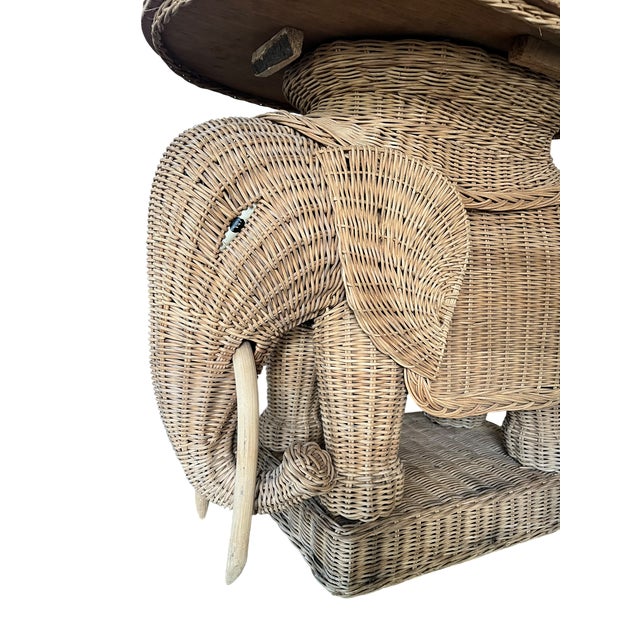 Wood Vintage Woven Wicker Elephant Tray Side Drinks Table With Wood Tusks, Tropical Regency Style For Sale - Image 7 of 13