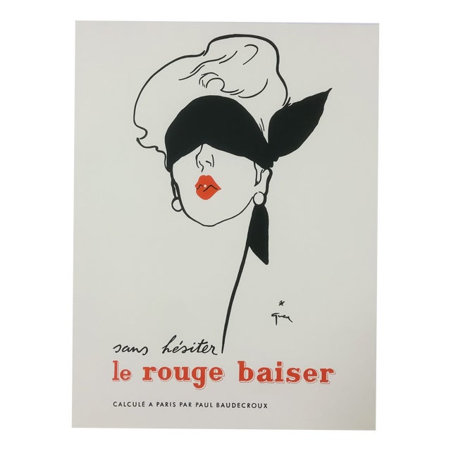 Original Vintage Le Rouge Baiser Offset Lithograph Poster Linen Backed on Canvas by René Gruau, 1970s For Sale