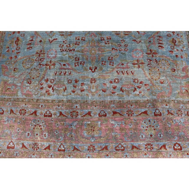 Blue Background Antique Persian Mohajerah Rug With Salmon, Blue, Green, and Red For Sale - Image 9 of 15