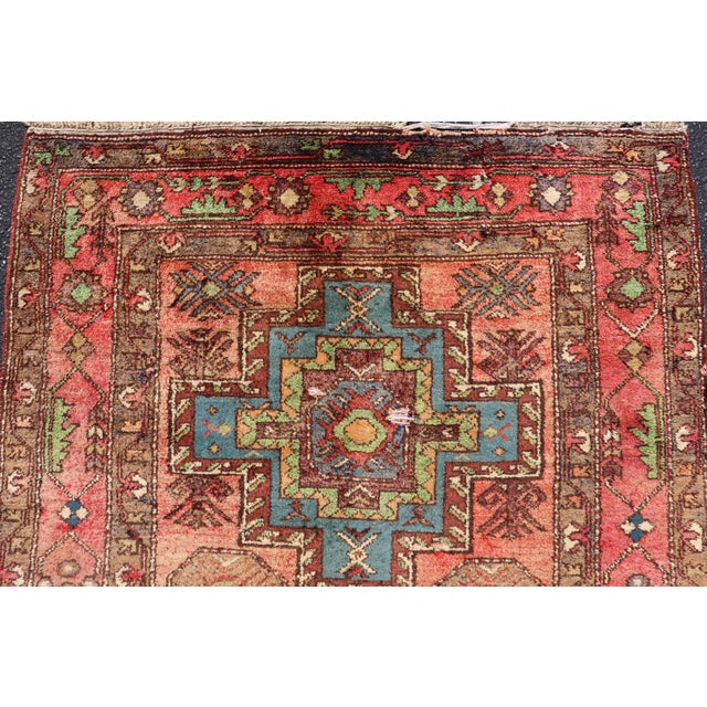 Vintage Caucasian Kazak Rug With Medallions in Coral and Turquoise 4'2 X 6'9 For Sale - Image 14 of 14