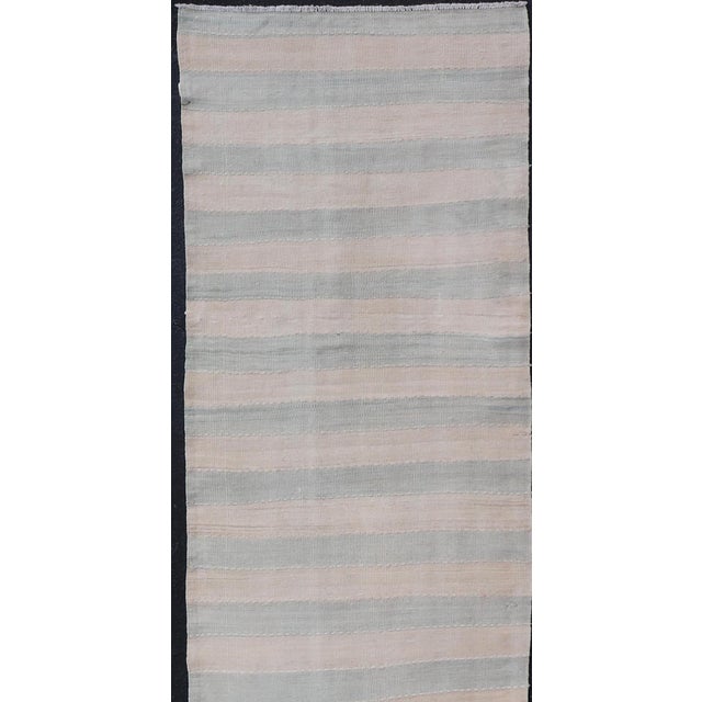 Traditional Vintage Turkish Kilim Runner With Soft Blue and Ivory Stripes For Sale - Image 3 of 11