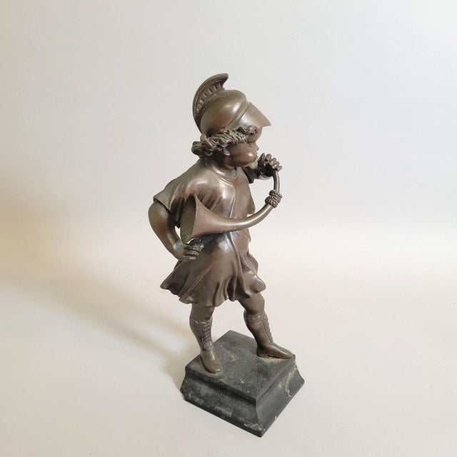 Grand Tour Revival Bronze Boy With Horn on Marble Base For Sale - Image 4 of 9