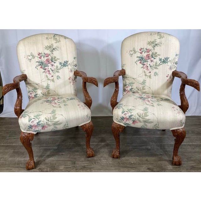 Cream Mid-Century Weiman Furniture Carved Mahogany Georgian Style Figural Lounge Chairs - A Pair For Sale - Image 8 of 12
