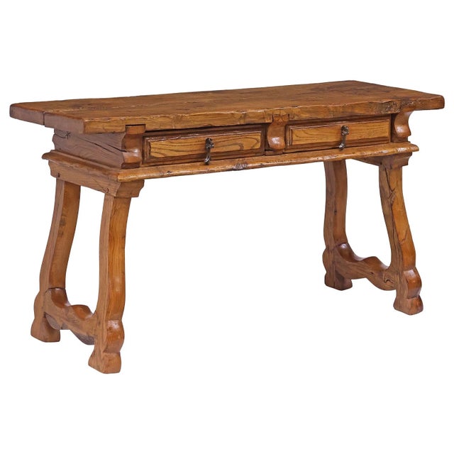 This handsome 19th-century Spanish Baroque trestle table is crafted in richly figured oak and showcases the robust...