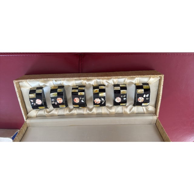 Vintage Mother of Pearl Inlay Black Lacquer Napkin Rings - Set of 6 For Sale - Image 4 of 5