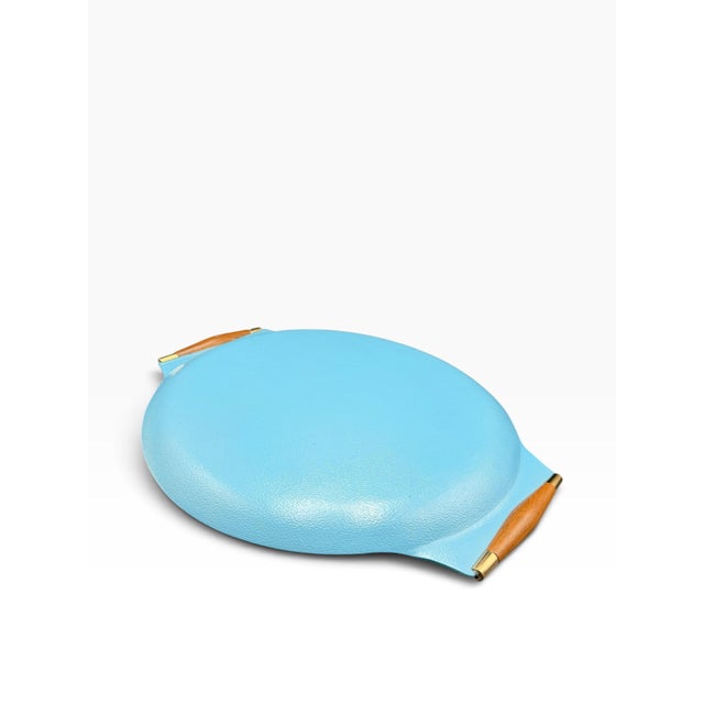 Vintage MCM Georges Briard Large Blue & Purple Fruit Curved Glass Tray W/ Wood Handles For Sale - Image 9 of 10