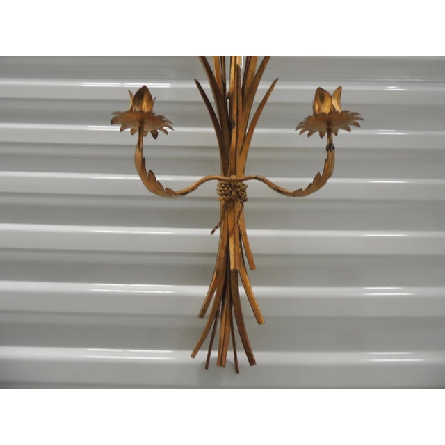 1980s Vintage Florentine Gilt Metal " Sheaf of Wheat" Tole Wall Candle Sconce For Sale - Image 5 of 7