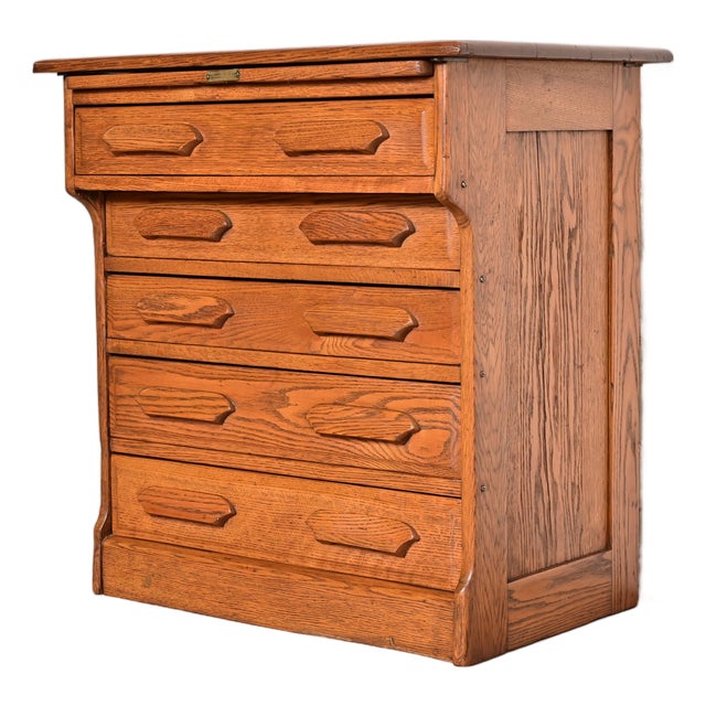 Antique Arts & Crafts Carved Oak Five-Drawer Flat File or Chest of Drawers, Circa 1900 For Sale