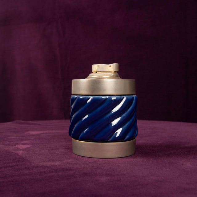 Blue Glazed Ceramic and Brass-Toned Metal Table Lighter by Tommaso Barbi, 1970s For Sale - Image 12 of 17