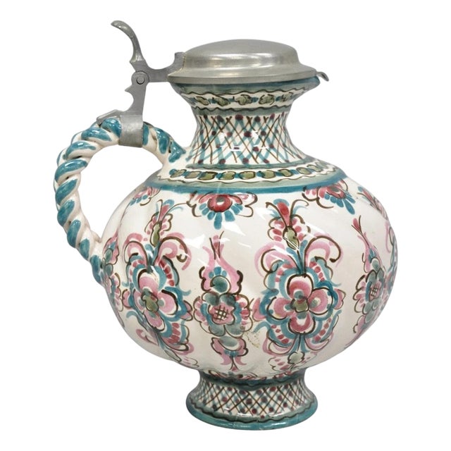 Vintage Keck Keramik Hand Painted Ceramic Pottery German Stein Wine Pitcher For Sale