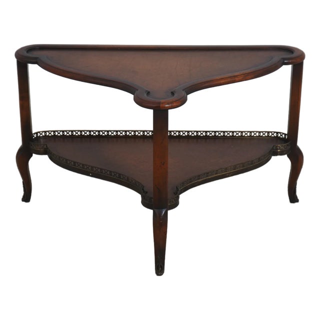 Theodore Alexander Leather Top 2 Tier Mahogany Triangle Table For Sale